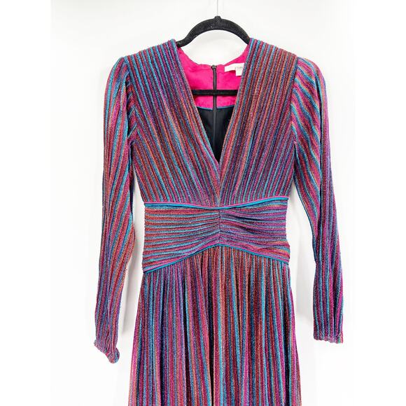 Jonathan Simkhai Rainbow Metallic Pleated Long Sleeve V-Neck Knit Party Gown 2 - Picture 4 of 6